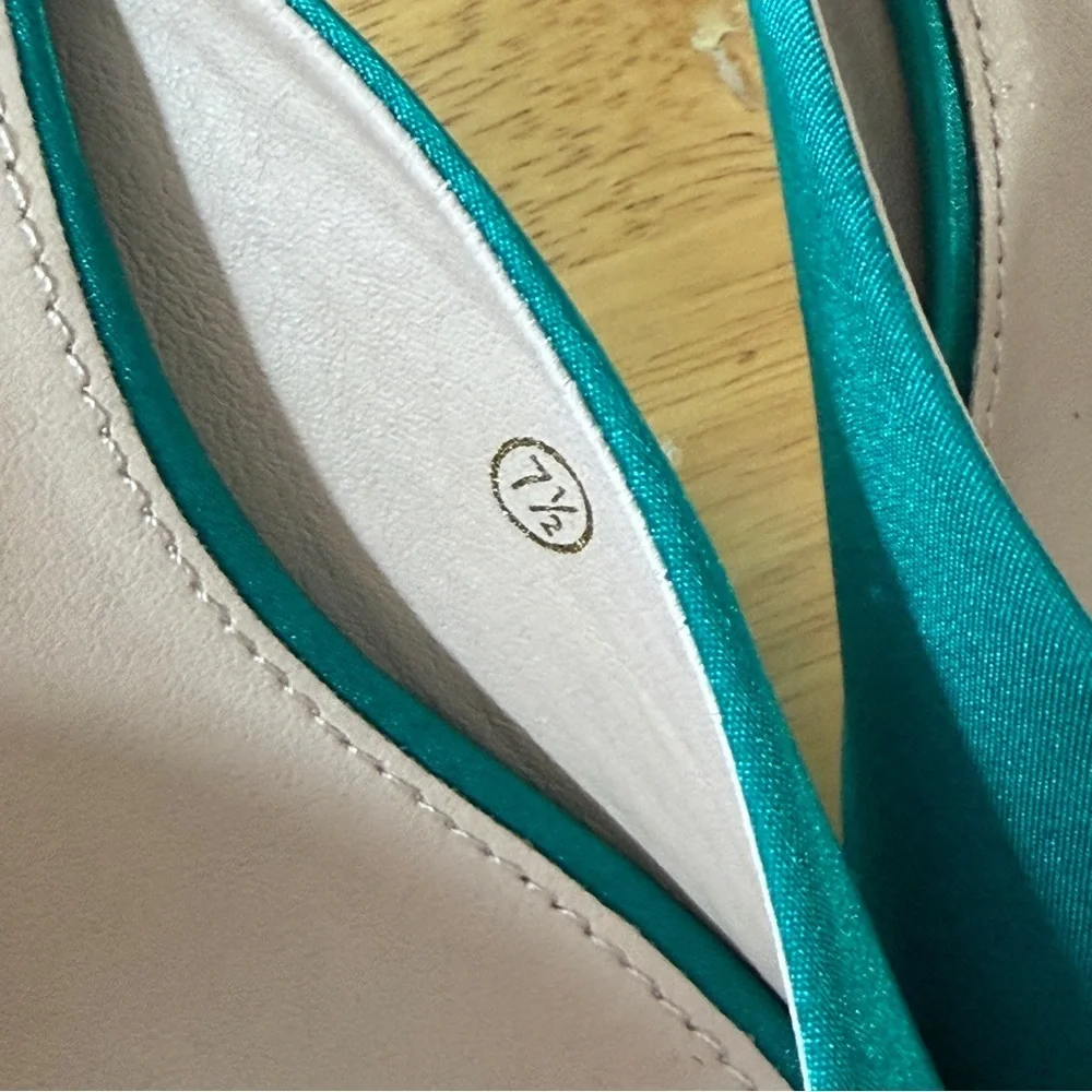 Deep Teal Metal Link Chain Peep Round Toe Heel Slide Stiletto NWT 7.5